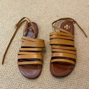 Tory Burch Cognac Multi-Strap Leather Ankle Tie Sandals